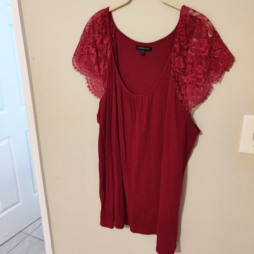 Stretchy Lane Bryant lace sleeve fuschia blouse